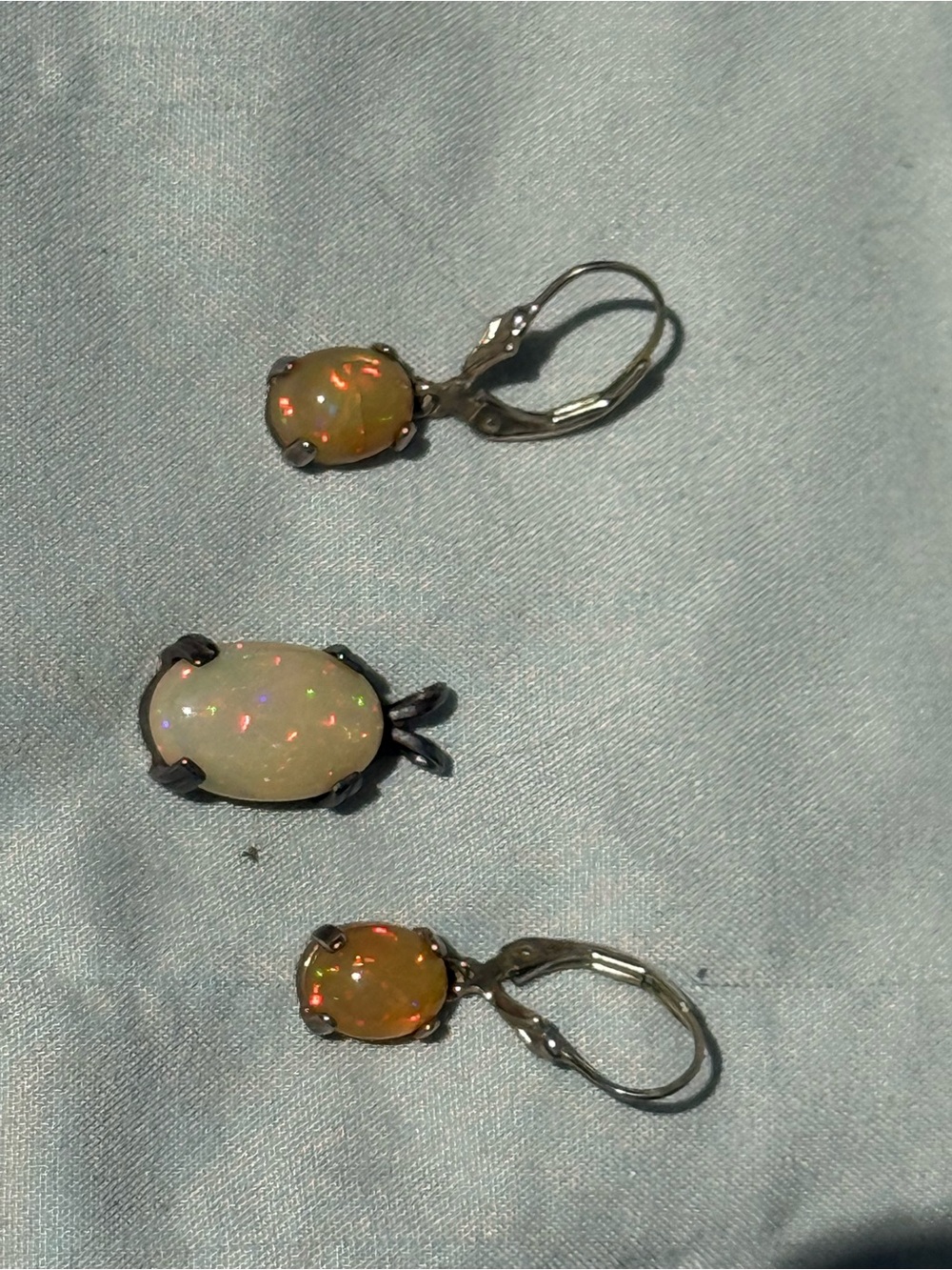 Opal Oval Pendant and Earrings Set - White Opal with Fire Accents - Picture 2 of 4